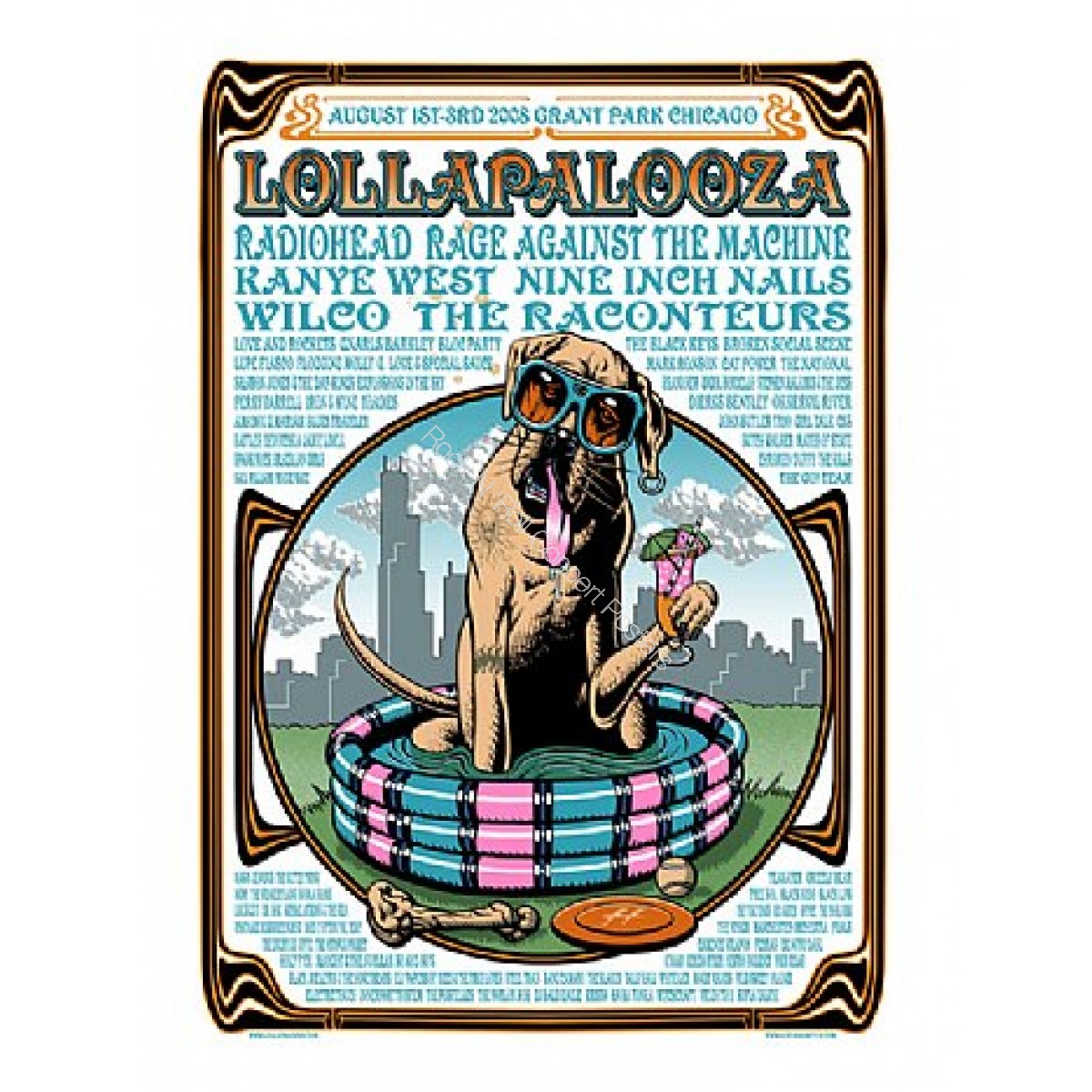 Lollapalooza 2008 Official Limited Edition Silkscreen Print By Justin Hampton Radiohead, Black Keys, Nine Inch Nails, Kanye West & Many More!